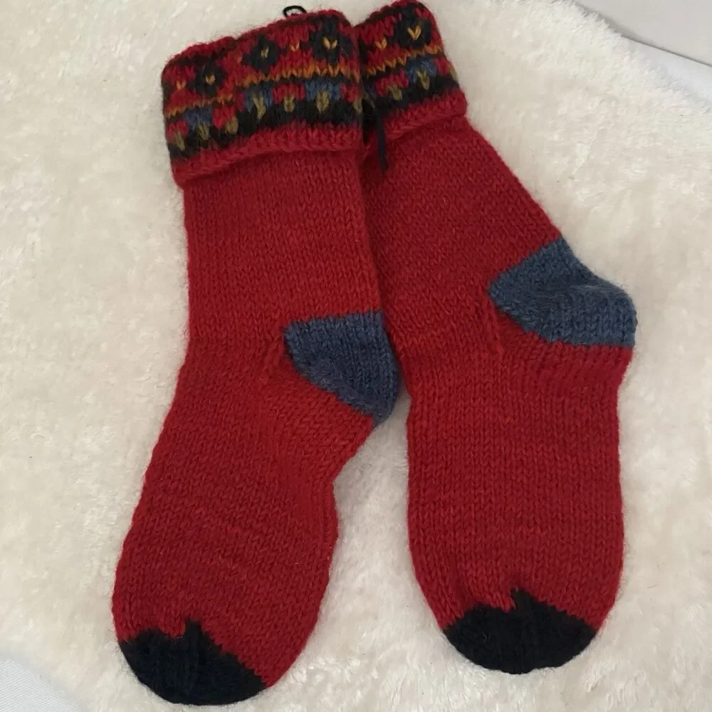 Northwest Express Wool Socks Nepal Fair Isle Outdoors GORP Red Chunky Warm OS